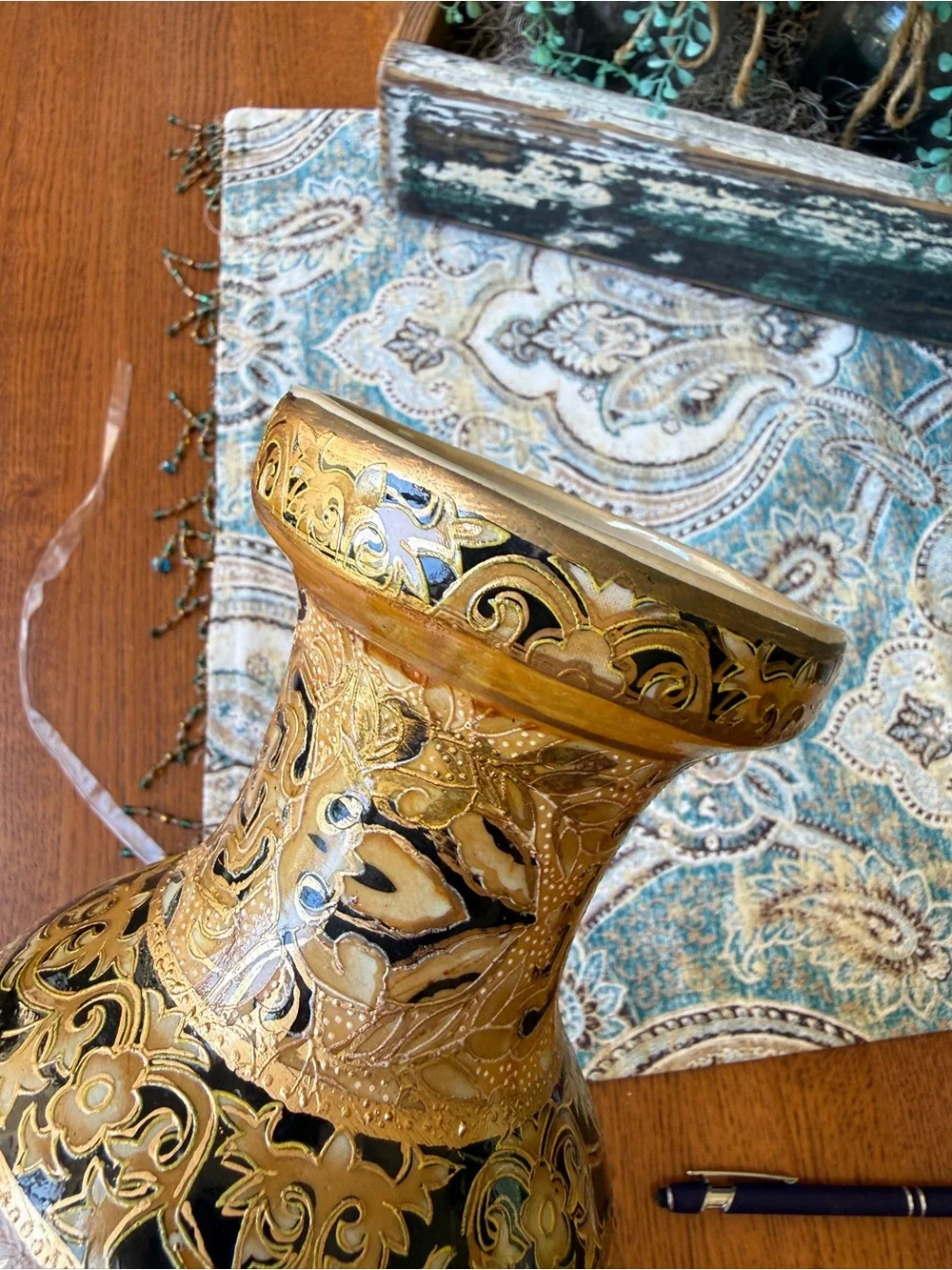 Japanese Satsuma Style Moriage Vase Vintage Gold Black Floral Relief Pottery 12” - Picture 9 of 10